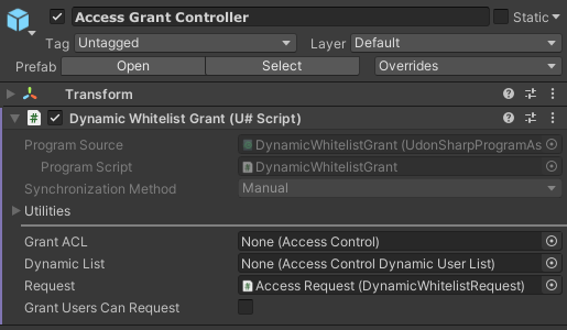 Access Grant Controller inspector window