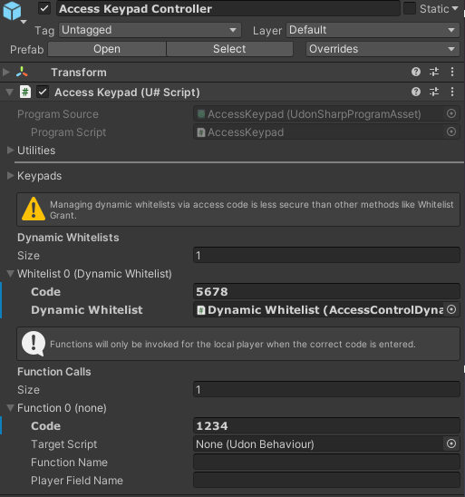 Access Grant Controller inspector window